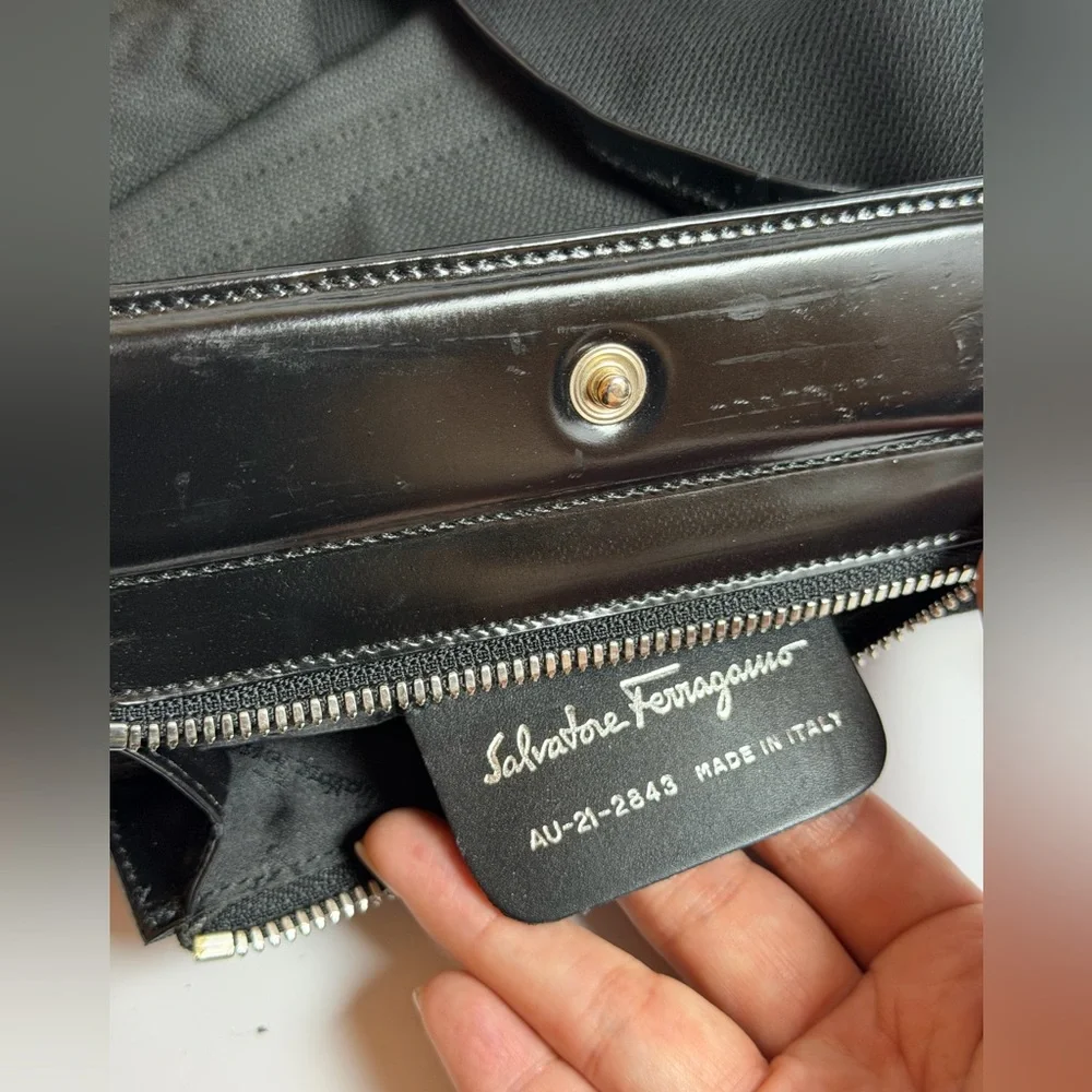 Salvatore Ferragamo Gancini Hand Bag in Black Nylon with Black Leather Trim